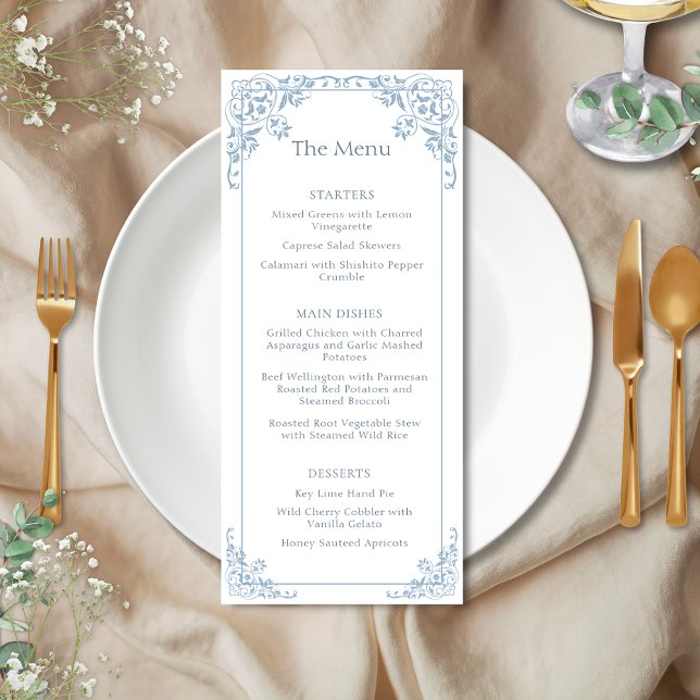 Romantic Blue and White Elegant Wedding Menu (elegant blue and white romantic coastal chic wedding invitation with old money bridgerton aesthetics)
