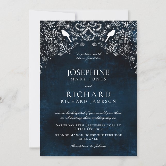 Romantic blue and white Secret Garden Invitation (Front)
