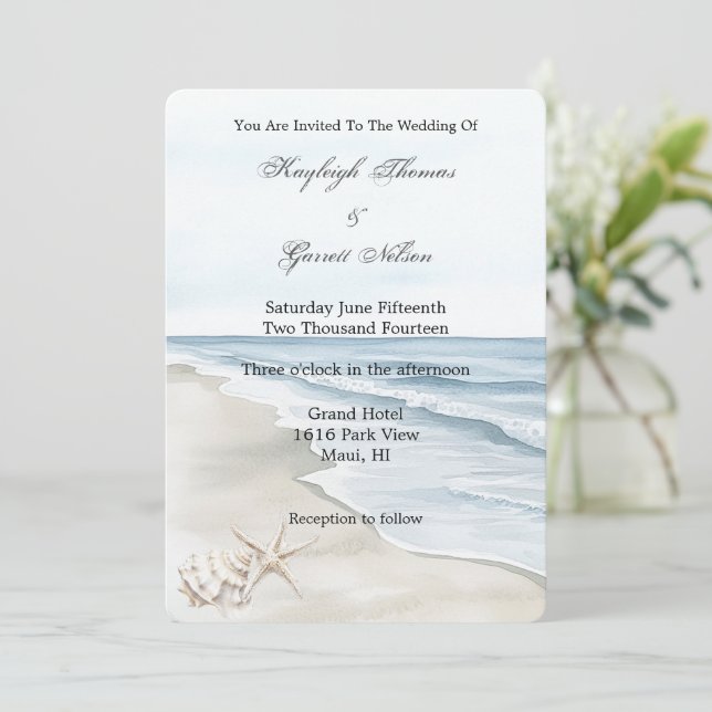 Romantic Blue Beach Ocean Wedding Invitation (Standing Front)