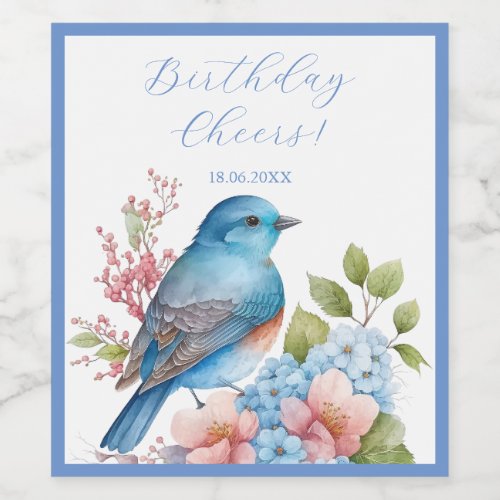 Romantic blue bird and flowers wine label