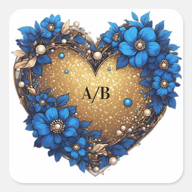💙 Romantic Blue Blossom Heart Wedding Keepsake 💙 Square Sticker (Front)