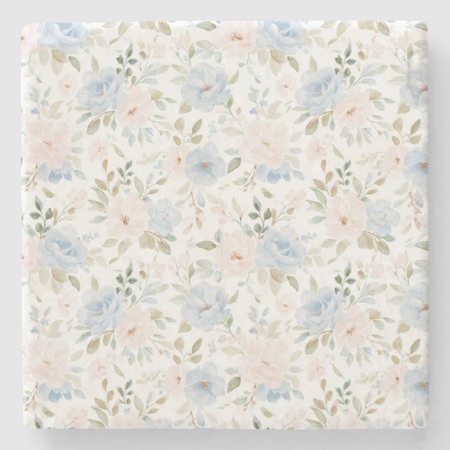 Romantic Blue Blush Pink Flowers Stone Coaster (Front)