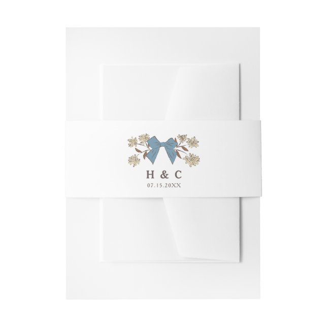 Romantic Blue Bow Floral Wedding  Invitation Belly Band (Front Example)