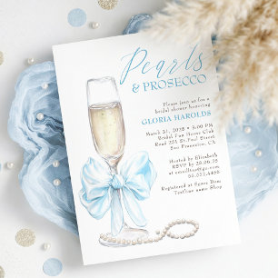 Romantic Blue Bow Pearls & Prosecco Bridal Shower Invitation