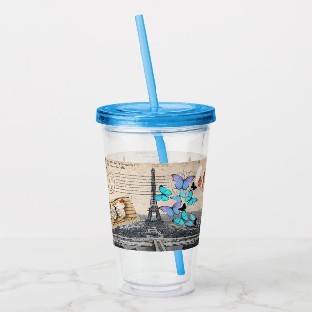 romantic blue butterfly french paris eiffel tower acrylic tumbler (Left)
