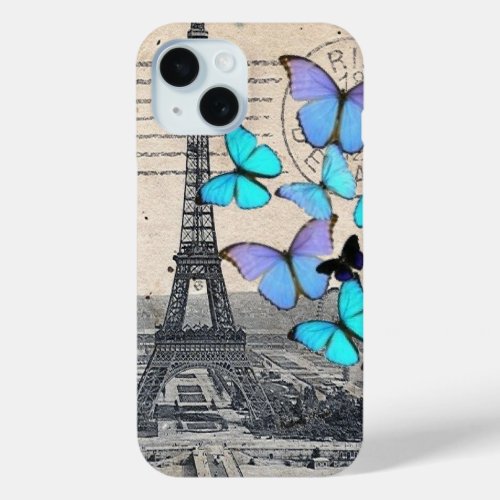 romantic blue butterfly french paris eiffel tower iPhone 15 case