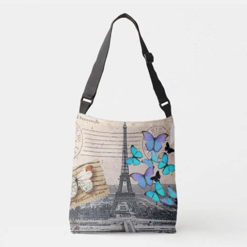 romantic blue butterfly french paris eiffel tower crossbody bag