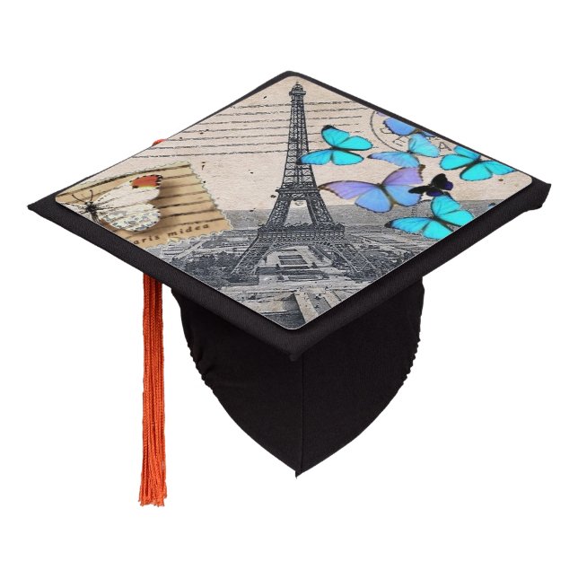 romantic blue butterfly french paris eiffel tower graduation cap topper (Angled)