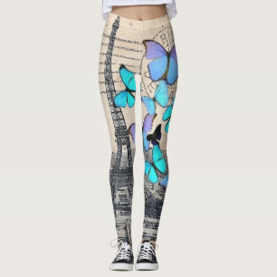 romantic blue butterfly french paris eiffel tower leggings