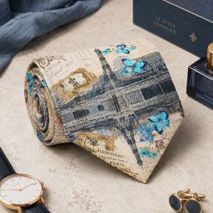 romantic blue butterfly french paris eiffel tower neck tie