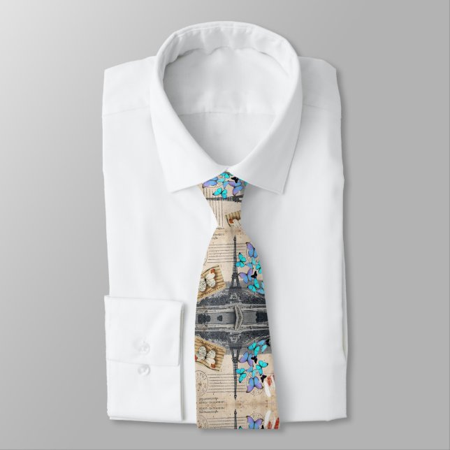 romantic blue butterfly french paris eiffel tower neck tie (Tied)