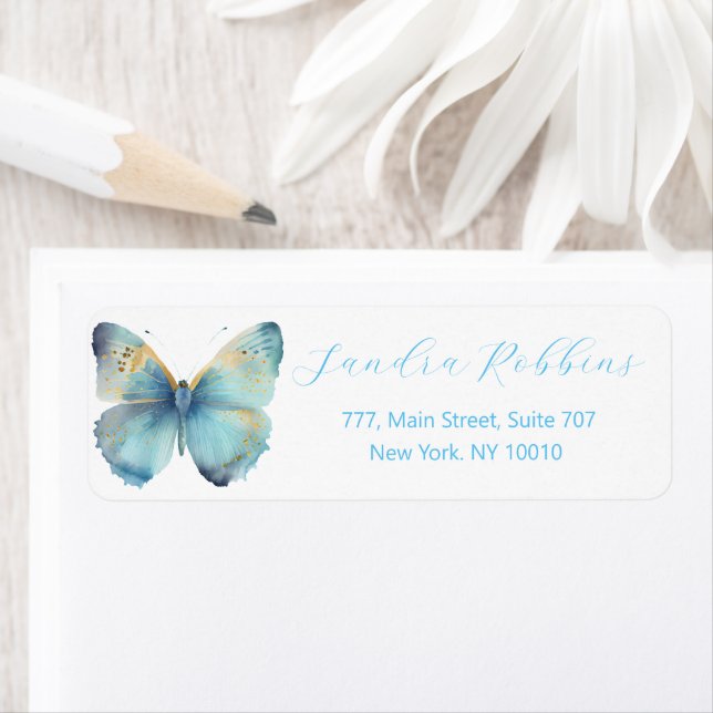 Romantic blue butterfly label (Insitu)