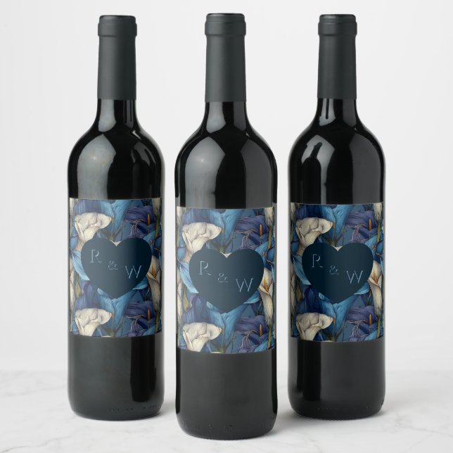 Romantic Blue Calla Lilies Aesthetic Greenery Wedd Wine Label (Bottles)