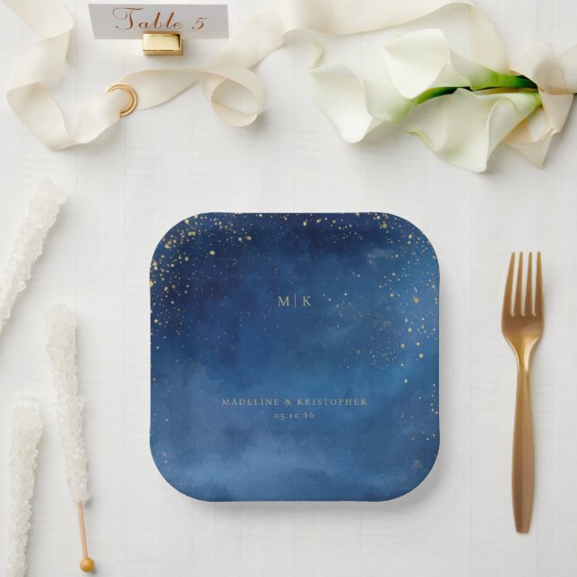 Romantic Blue Celestial Stars Paper Plates (Wedding)