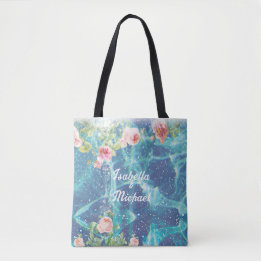 Romantic blue customized couple names tote bag