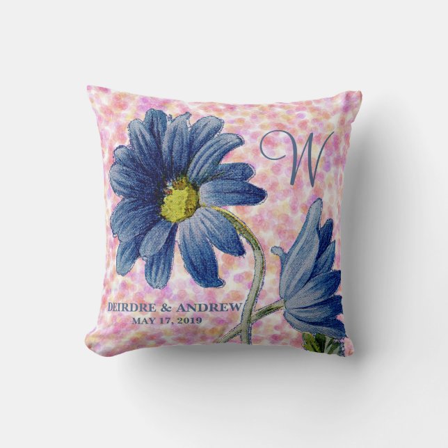 Romantic Blue Daisy Rose Monogram Initial Wedding Throw Pillow (Front)
