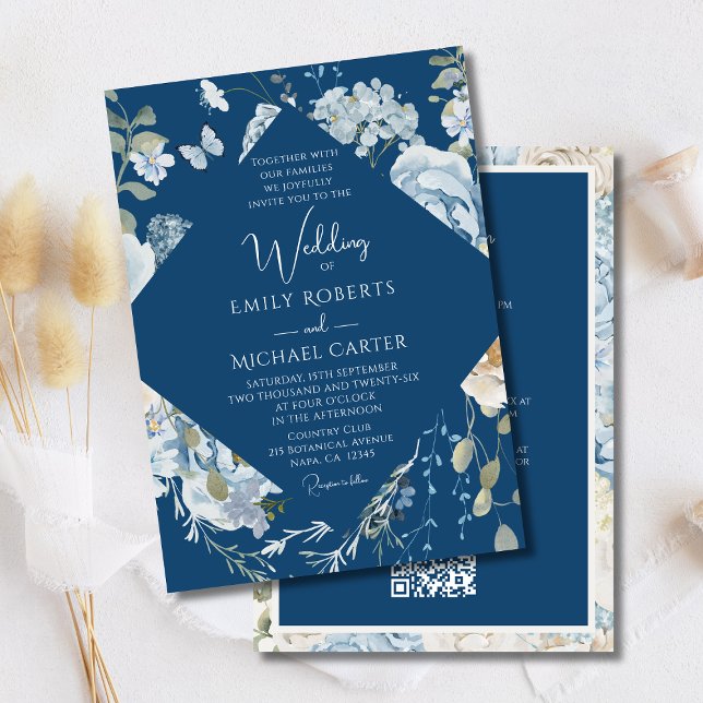 Romantic Blue Floral All In One QR Code Wedding Invitation (Creator Uploaded)