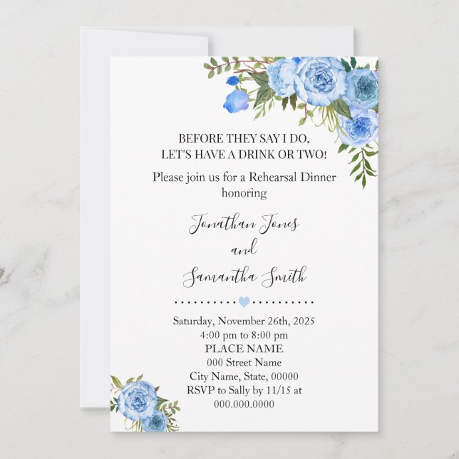 Romantic Blue floral boho chic rehearsal dinner Invitation (Front)
