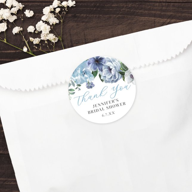 Romantic Blue Floral Bridal Shower Party Favor Classic Round Sticker (Creator Uploaded)