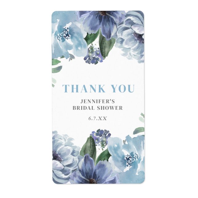 Romantic Blue Floral Bridal Shower Party Favor Label (Front)