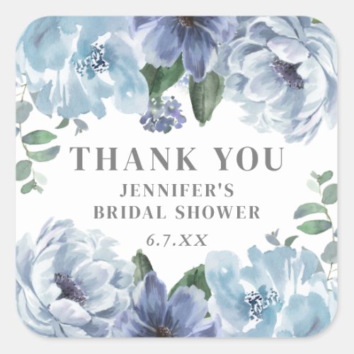 Romantic Blue Floral Bridal Shower Party Favor  Square Sticker