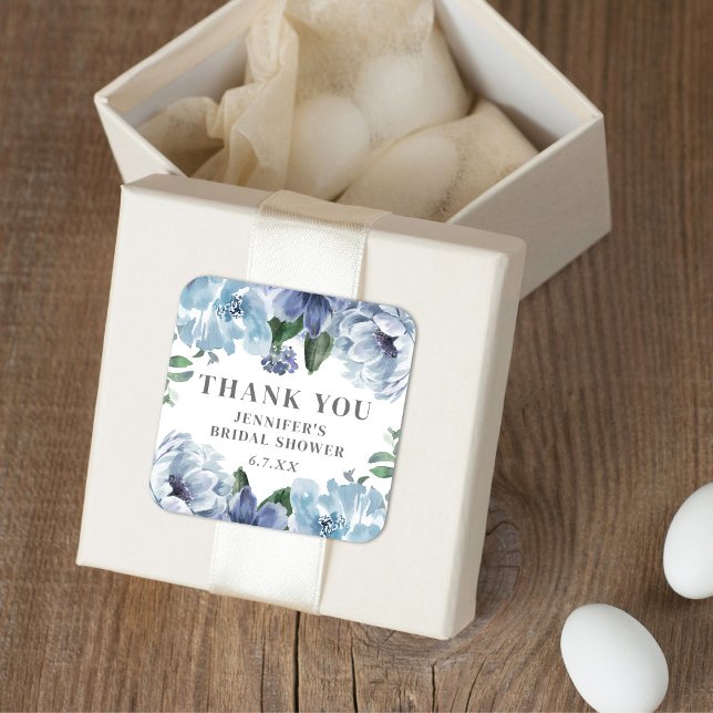 Romantic Blue Floral Bridal Shower Party Favor  Square Sticker (Creator Uploaded)