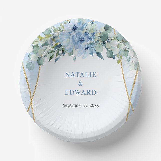 Romantic blue floral eucalyptus and gold frame paper bowls (Front)