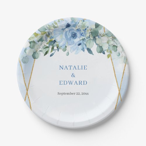 Romantic blue floral eucalyptus and gold frame paper plates