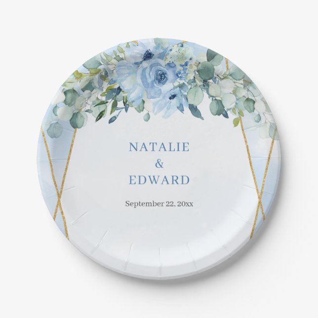 Romantic blue floral eucalyptus and gold frame paper plates (Front)