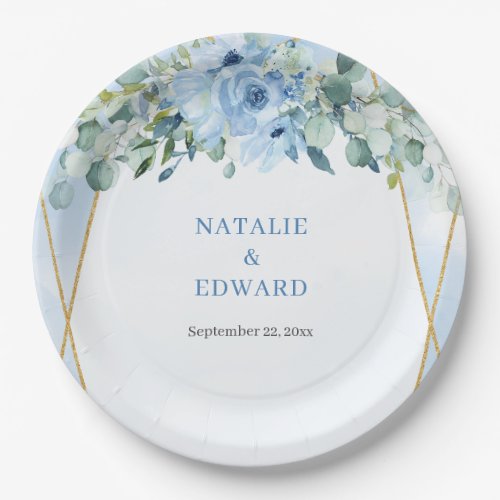 Romantic blue floral eucalyptus and gold frame paper plates