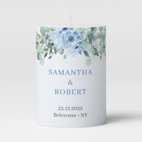 Romantic blue floral eucalyptus and gold frame pillar candle