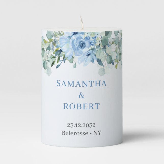Romantic blue floral eucalyptus and gold frame pillar candle (Front)