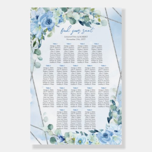 Romantic blue floral eucalyptus and silver seating foam board