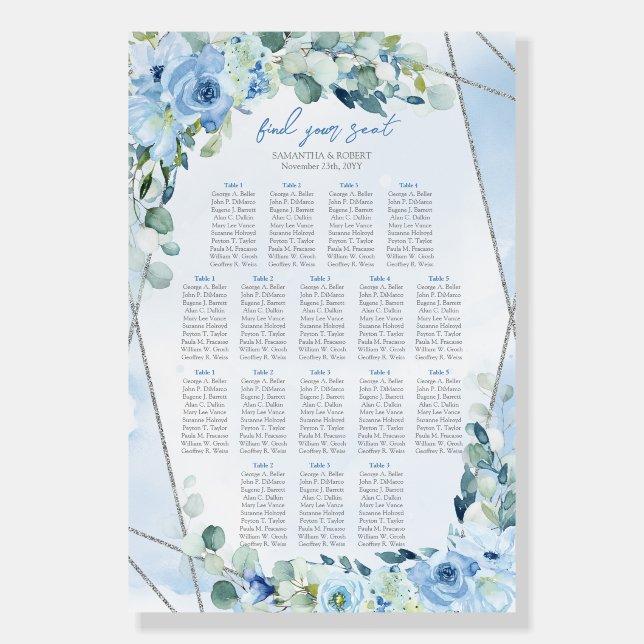 Romantic blue floral eucalyptus and silver seating foam board (Front)