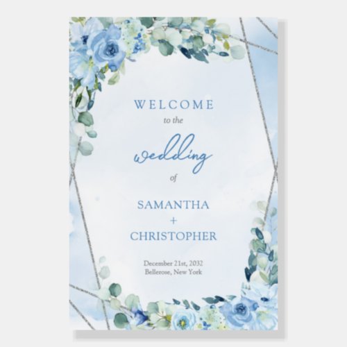 Romantic blue floral eucalyptus and silver welcome foam board