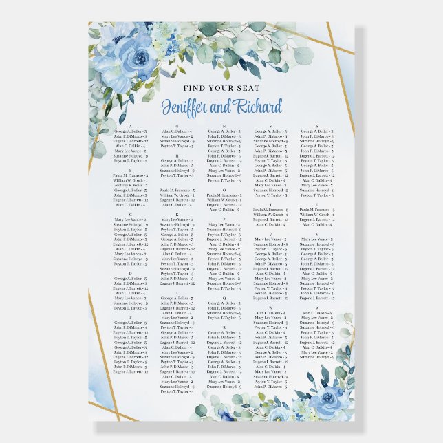 Romantic blue floral eucalyptus gold Alphabetical Foam Board (Front)