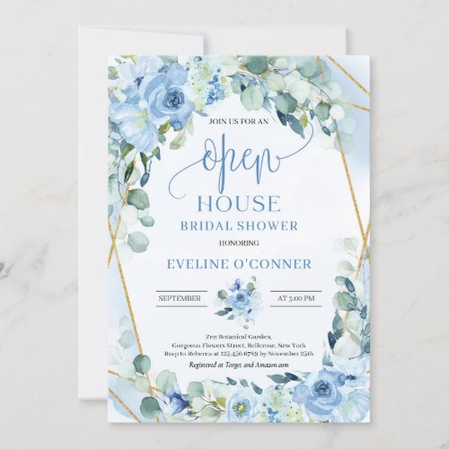 Romantic blue floral eucalyptus gold Open House Invitation