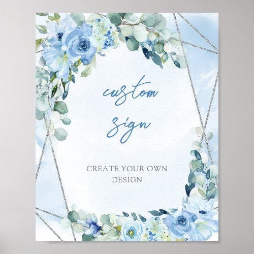 Romantic blue floral eucalyptus silver Custom Sign