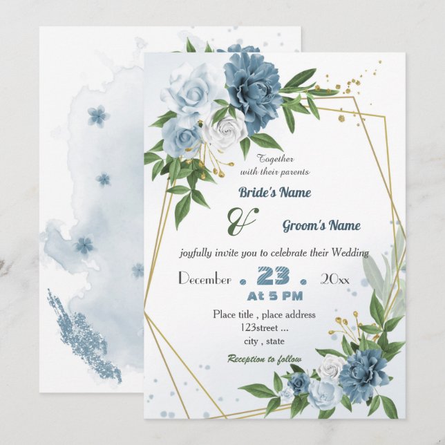 romantic blue floral geometric wedding invitation (Front/Back)