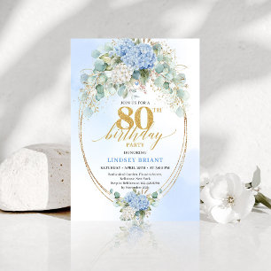 Romantic Blue Floral Gold 80th Birthday Invite
