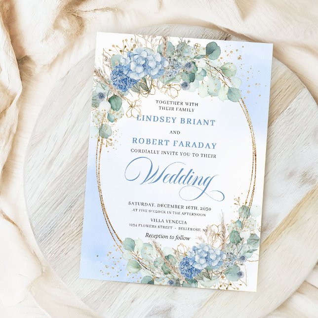 Romantic Blue Floral Gold Frame Wedding Invitation (Romantic Blue Floral Gold Frame Wedding Invitation)