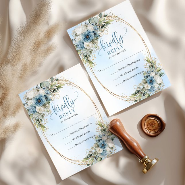 Romantic Blue Floral Gold Frame Wedding RSVP Card (Romantic Blue Floral Gold Frame Wedding RSVP Card)