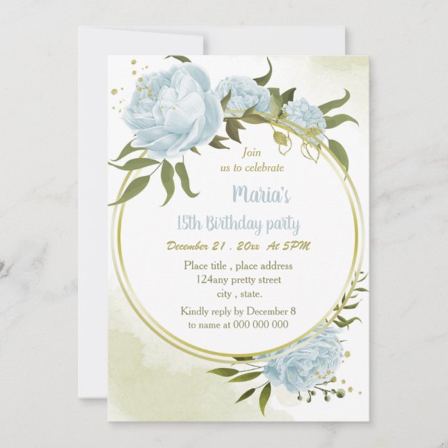 romantic blue floral gold wreath birthday party invitation (Front)
