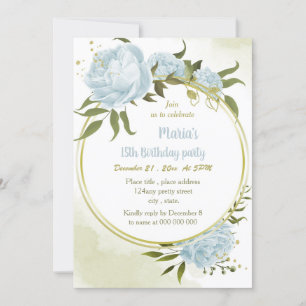 romantic blue floral gold wreath birthday party invitation