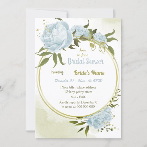 romantic blue floral gold wreath bridal shower invitation