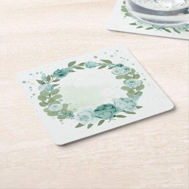 romantic blue floral greenery square paper coaster (Angled)