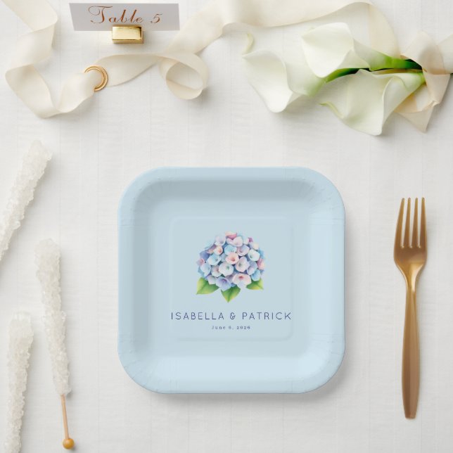 Romantic Blue Floral Hydrangea Paper Plates (Wedding)