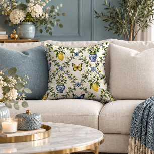 Romantic Blue Floral Lemon Tile Throw Pillow
