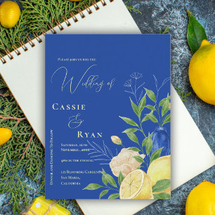 Romantic Blue Floral Lemon Wedding Invitation Postcard