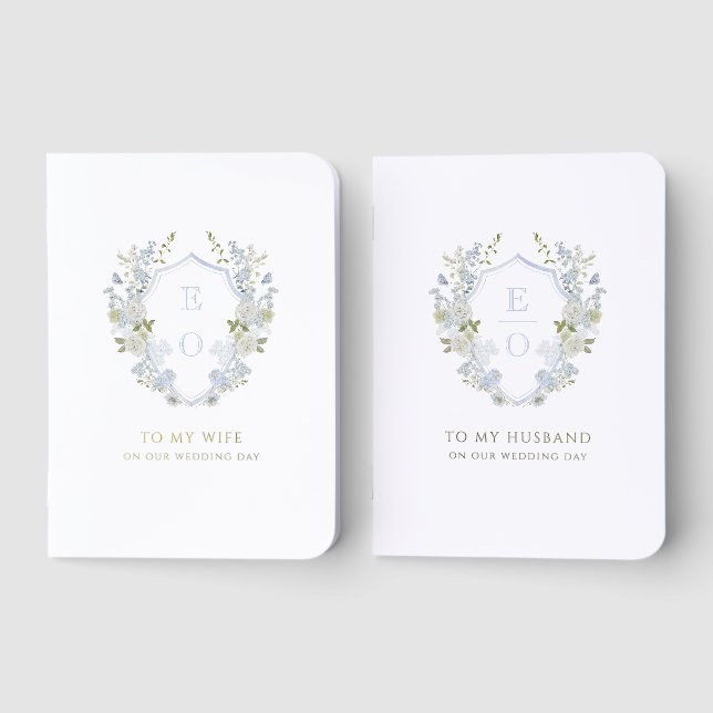 Romantic Blue Floral Monogram Wedding Foil Vow Books (Front)